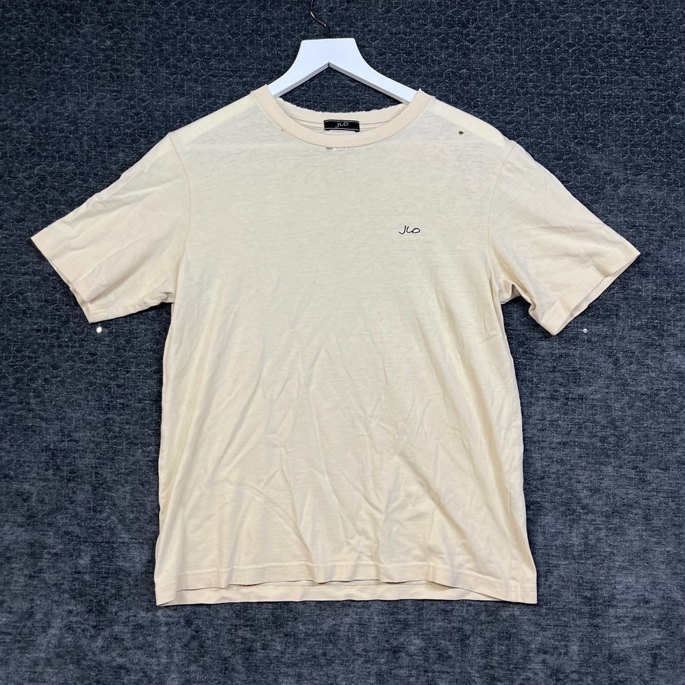 JLO Jennifer Lopez T-Shirt Womens L Beige Good Distressed Embroidered Logo